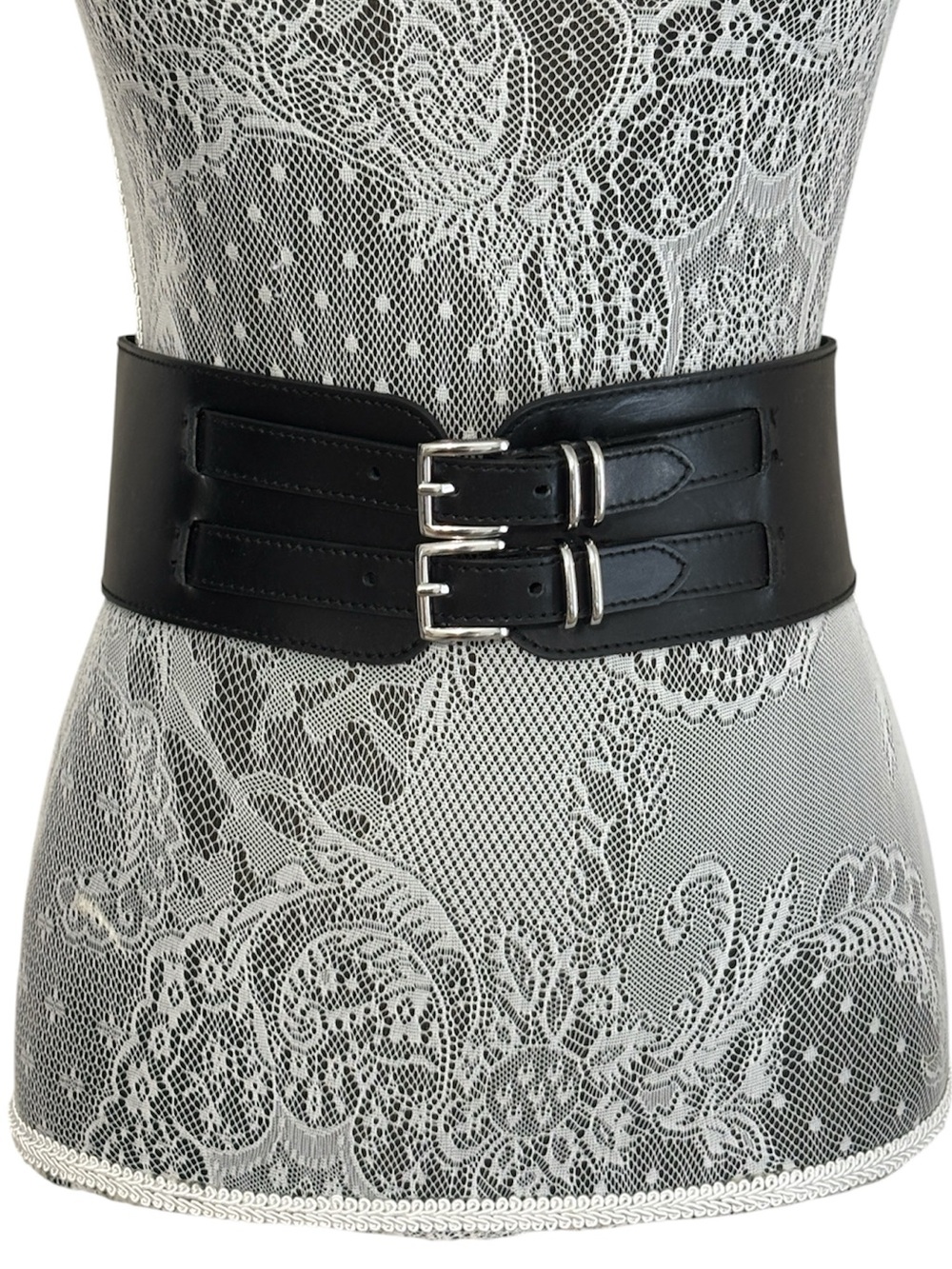 United Colors of Benetton Black Leather Wide Double-Buckle Belt. Size Small.